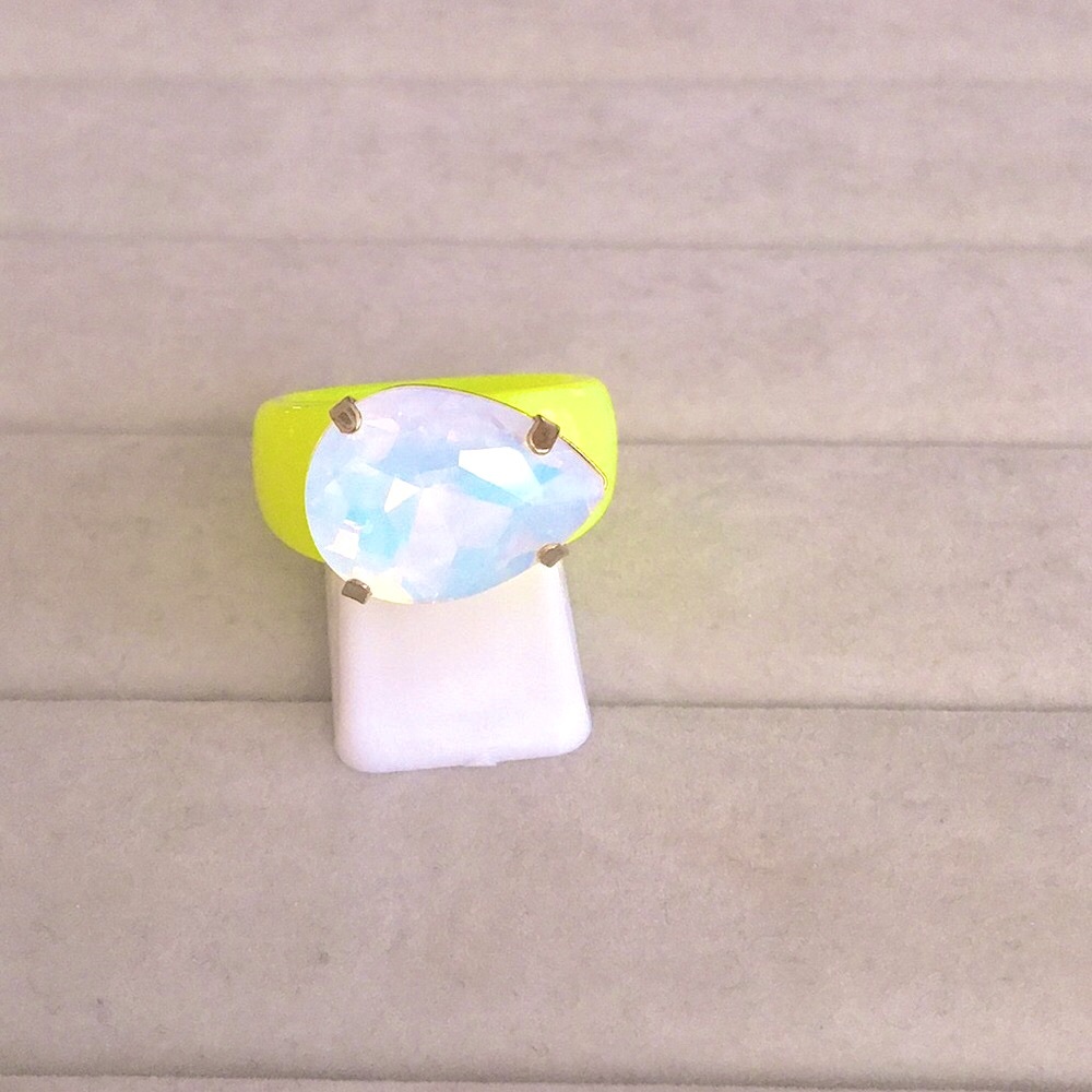 Electric Neon Yellow + White Opal Aurora Borealis Pear Crystal Statement Ring